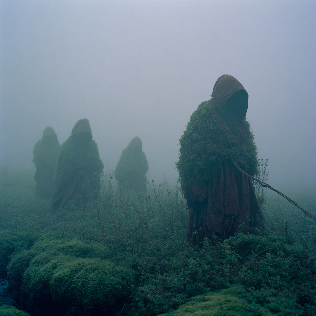 Four hooded figures draped in moss stand in a misty bog.