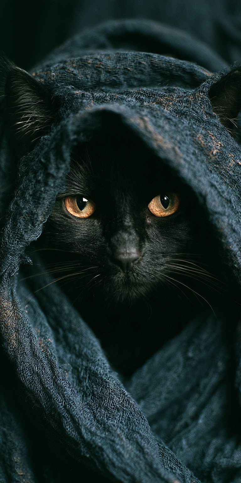 A black cat looking out from folds of grey wool