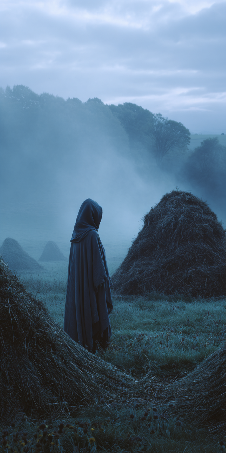 Cloaked figure standing among haystacks in a misty field, with trees and hills in the distance.