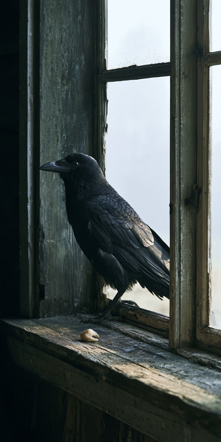 A black crow on the weathered windowsill of an old farmhouse, a small tooth lying on the sill before it.