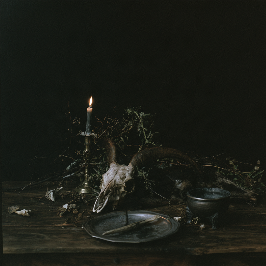 A candlelit altar with a horned animal skull, dried herbs, a bowl and incense on a wooden table.