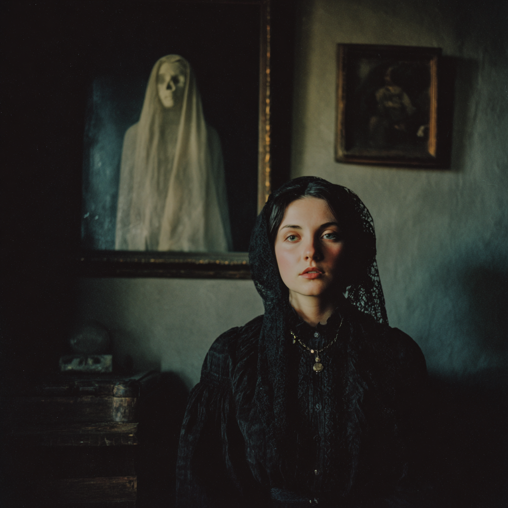 A woman in black lace seated in a dark room beneath a framed ghostly figure.