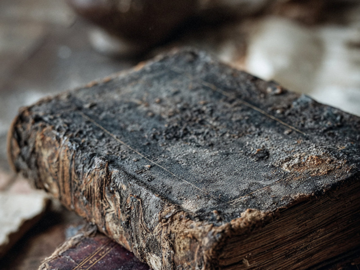 Weathered antique black books and handwritten pages on a candlelit table