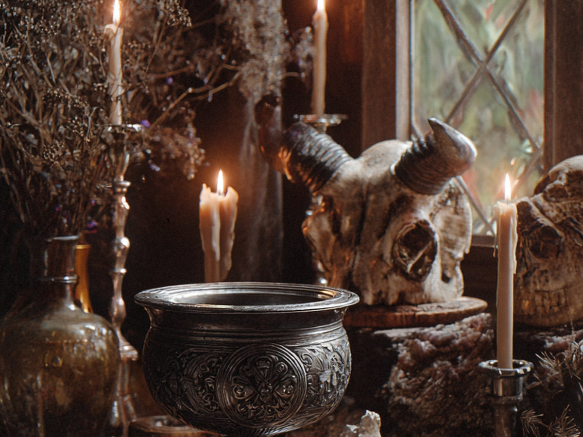 Dark wooden ritual table with candles, an iron chalice, bones and a skull