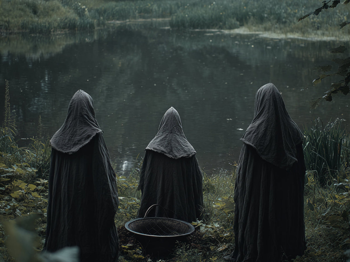 Three hooded silhouettes beside a dark forest lake