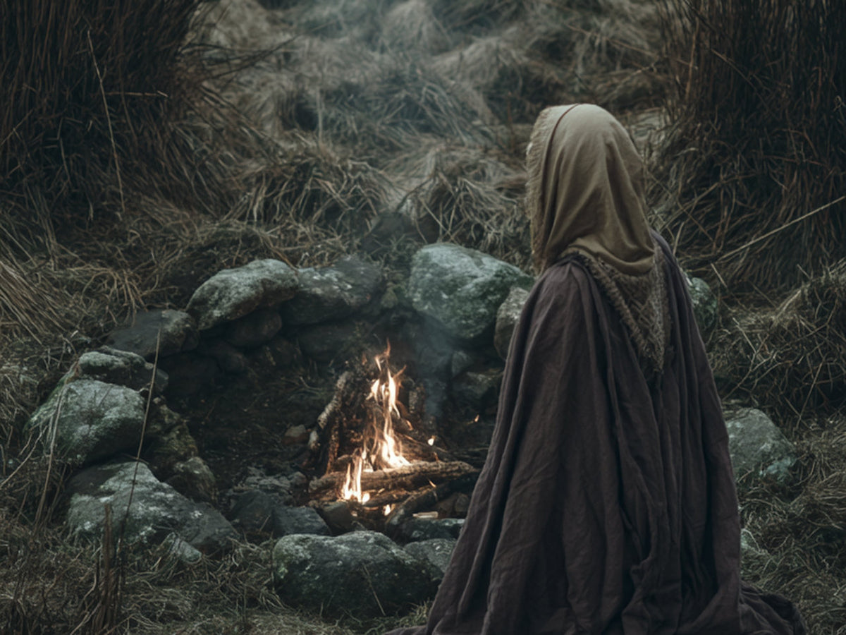 Cloaked figure beside a small fire on a misty lakeshore