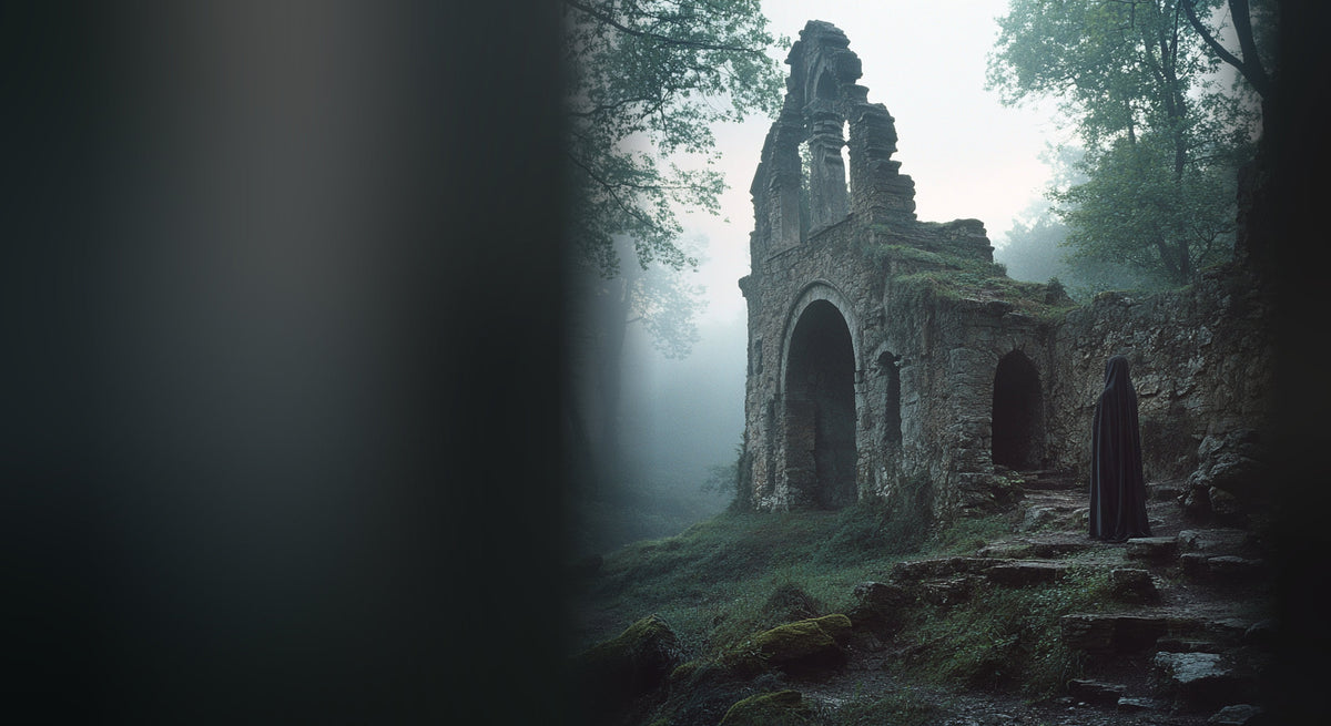 Ancient stone ruins in a misty woodland, with a solitary cloaked figure