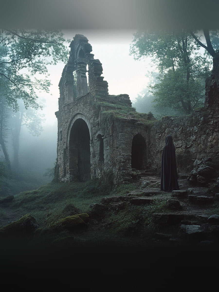 Ancient misty stone ruins and a cloaked figure in a Scandinavian-looking forest